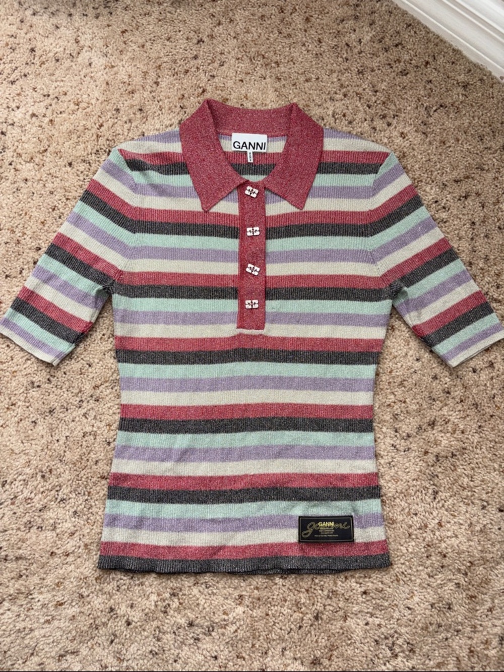 Ganni Striped Knit Metallic striped ribbed-knit polo shirt Size Large